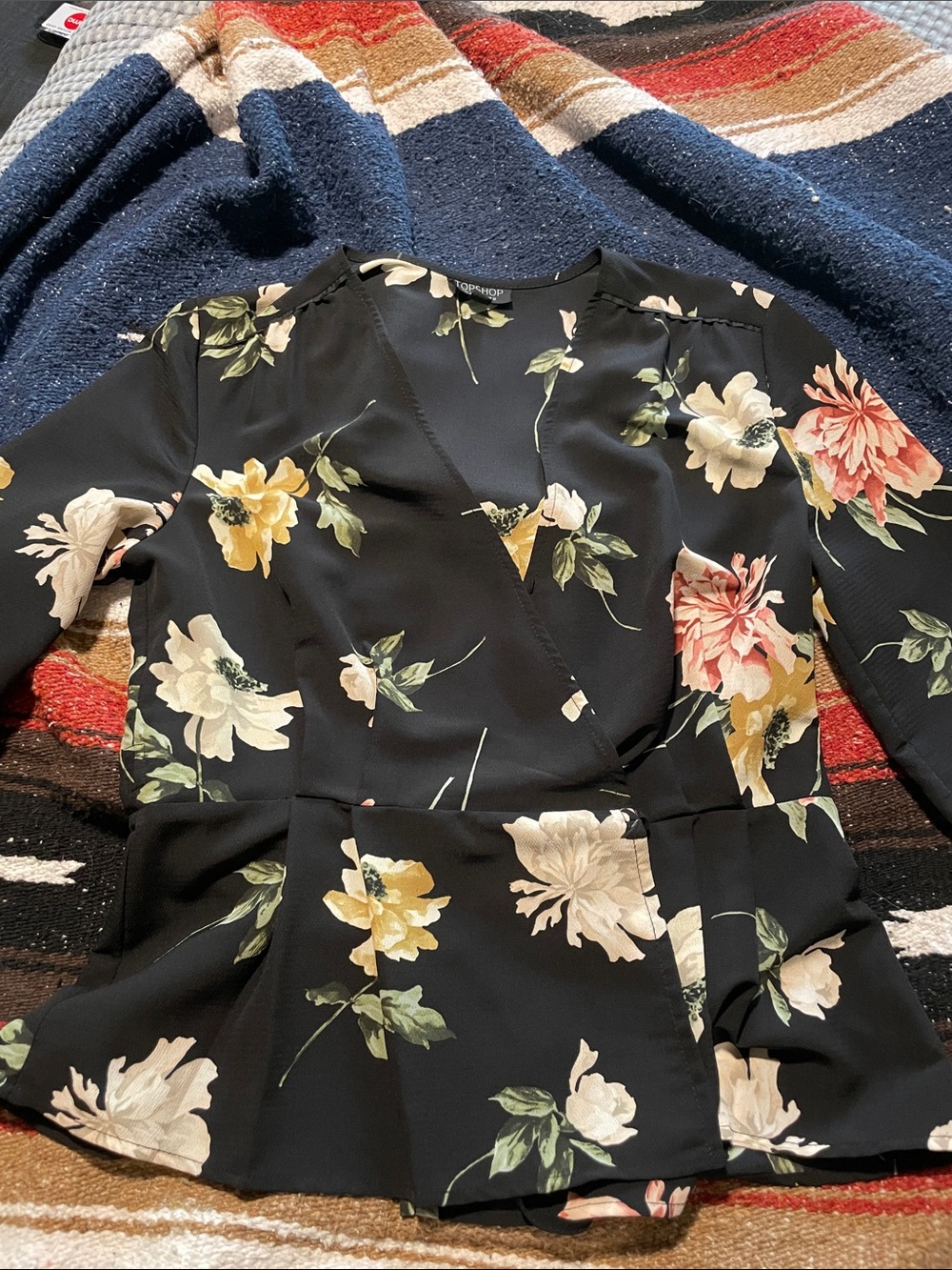 Topshop Black Floral Wrap Top with Cream, Yellow & Pink Blooms